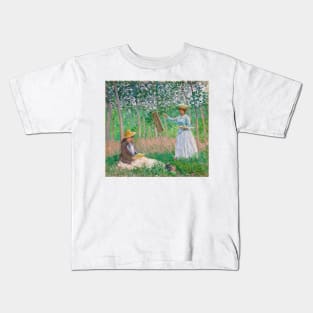 In the Woods at Giverny: Blanche Hoschede at Her Easel with Suzanne Hosched Reading by Claude Monet Kids T-Shirt